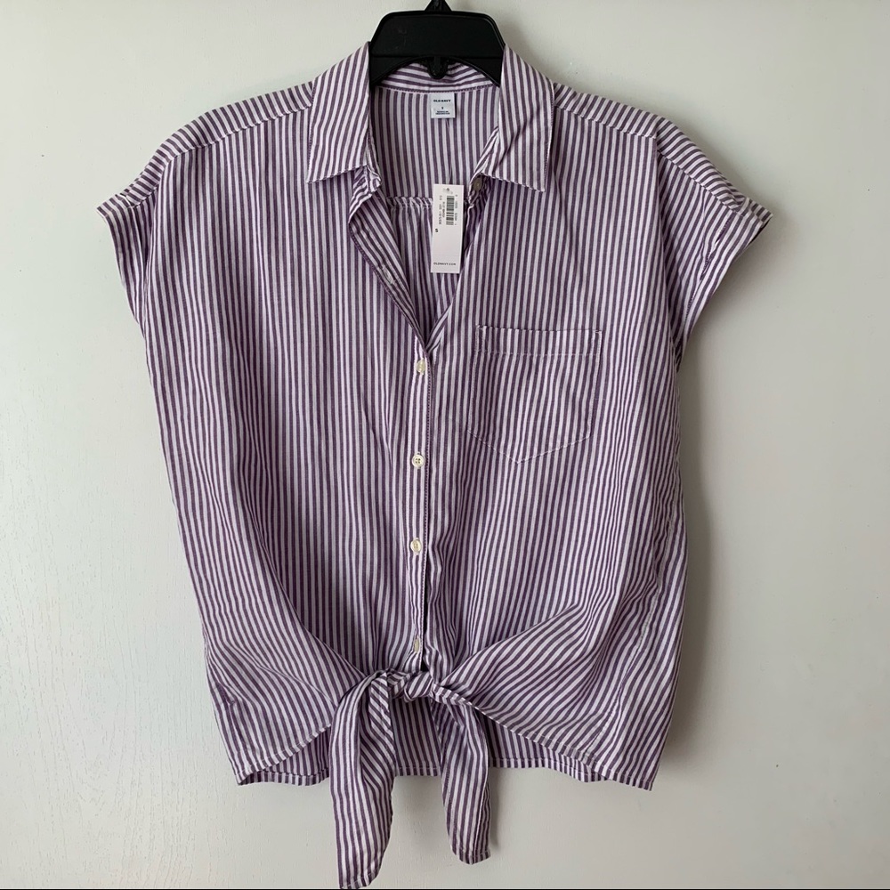 NWT Old Navy Purple and White Stripe Cap Sleeve Burton up shirt - Picture 1 of 9